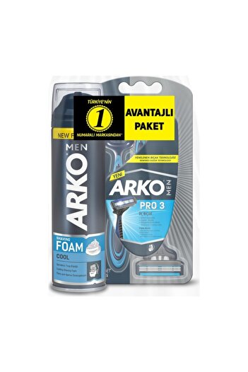 ARKO Men T3 Pro 3 Blade Razor 3 Pack & Cool Shaving Foam 200 Ml Advantage Pack