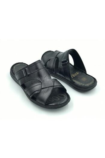 ERENİM Men's Black Genuine Leather Slippers
