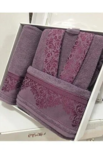 Fiesta Cotton Jacquard Single 3 Piece Bathrobe Set Plum