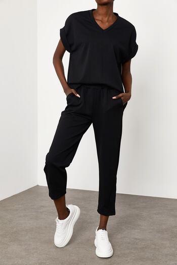 XHAN Women's Black V-Neck Double Suit 1KZK8-11689-02