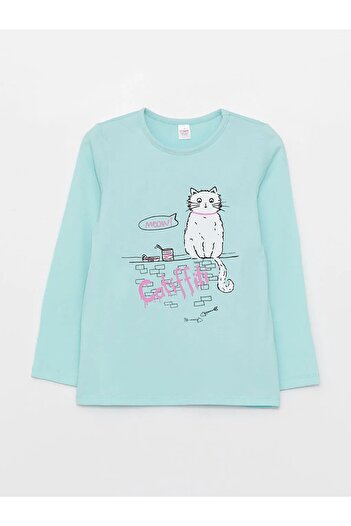 LC Waikiki Dívčí pyžamový set s dlouhým rukávem s potiskem Lcw Kids Crew Neck