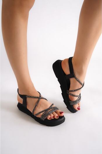 Moda Değirmeni Black Women's Cross Stone Sandals Bg1091-123-0007