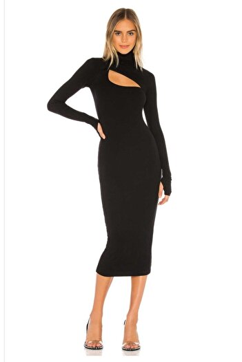 Zagrep Women's Black Turtleneck Windowed Midi Dress Imported Jersey