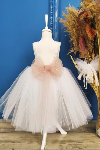 Shecco Babba White Powder Bow Tutu Birthday Dress and Bandana Set, Children's Evening Dress