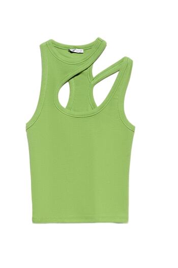 Dilvin 20636 Asymmetrical Strap Detailed Tank Top-Light Green