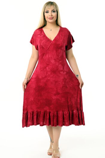 Kheos Kravuze V-Neck Short Sleeve Skirt Ruffled Batik Washed Flexible Comfortable Lycra Dress