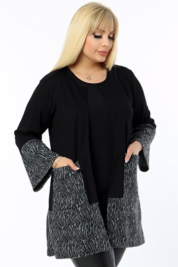 Kheos Collarless Spanish Wide Sleeve Zebra Pattern Double Color Pocket Cardigan