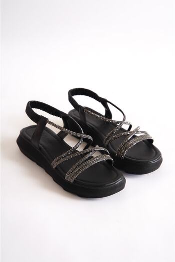 Moda Değirmeni Black Women's Cross Stone Sandals Bg1091-123-0007