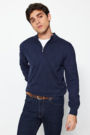 Trendyol Collection Μπλε Navy Regular Fit Βαμβακερό μισό γιακά με φερμουάρ Έξυπνο πλεκτό πουλόβερ TMNAW23KZ00215