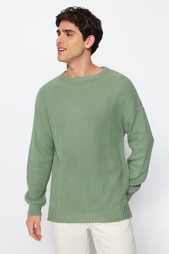 Trendyol Collection Uniszex menta oversize kötöttáru pulóver - szűk nyakú, hasított, széles szabású TMNAW21KZ0552