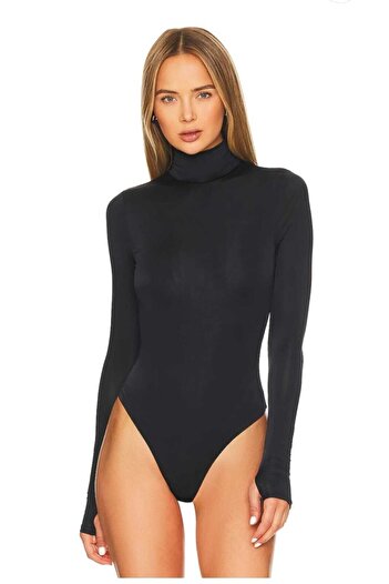 Zagrep Women's Black Finger Snap Turtleneck Silk Jersey Bodysuit