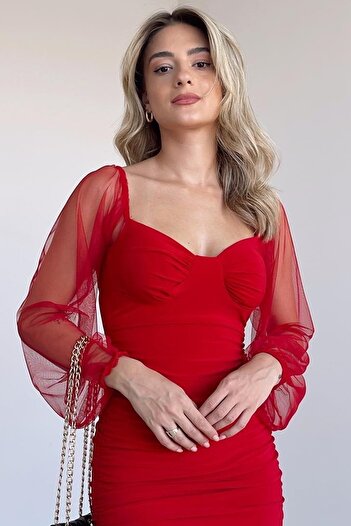 vuvutasarım Stretchy Fabric Sleeves Tulle Detailed Mini Dress Red Engagement Dress 031