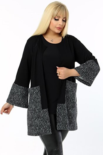 Kheos Collarless Spanish Wide Sleeve Zebra Pattern Double Color Pocket Cardigan
