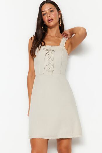 Trendyol Collection Jewelled A-line Eyelet Detailed Square Collar Mini Woven Dress TWOSS23EL02067