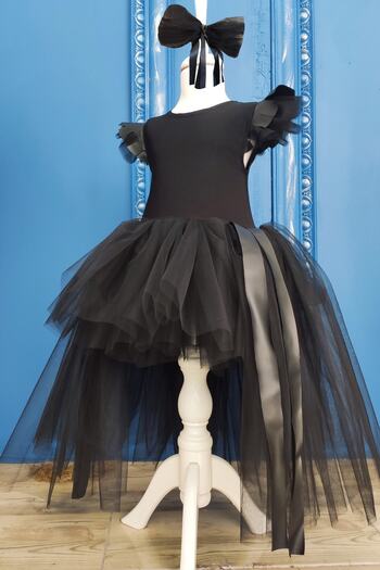 Shecco Babba Leather Detailed Tutu Girl's Birthday Dress and Bandana Set, Children's Evening Dress
