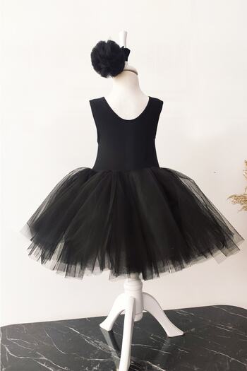 Shecco Babba Black Ballerina Model Girl's Tutu Dress, Pom Pom Bandana Set