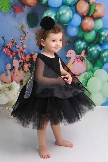 Shecco Babba Black Ballerina Model Girl's Tutu Dress, Butterfly Cape and Bandana Set - Children's Evening Dress