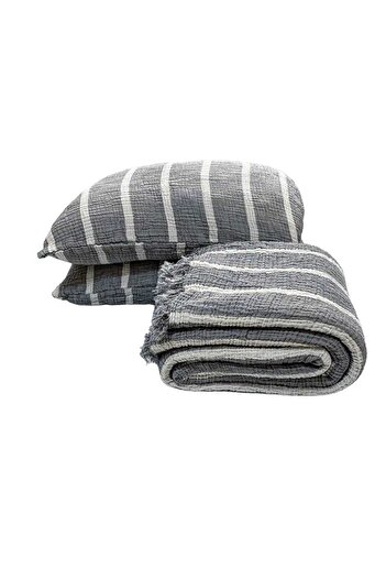 YASEMİNİNEVİ Anthracite/grey Striped 4 Layer Muslin Bedspread / 2 Pillowcases