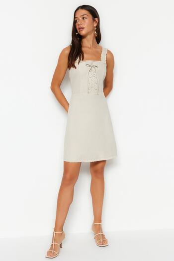 Trendyol Collection Jewelled A-line Eyelet Detailed Square Collar Mini Woven Dress TWOSS23EL02067