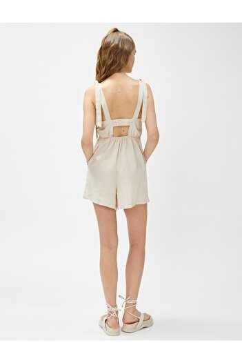 Koton Shorts Overalls Linen Blend Square Collar Strap Pocket