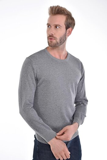 Çizgi Triko Men's Crew Neck Cotton Knitwear Gray Sweater Patterned Woven with Elastic Sleeves and Waist