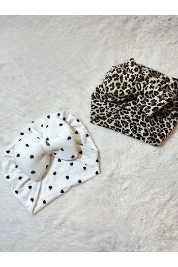 MASALBABY Baby Girl Leopard and Heart Patterned 2-Piece Hair Cap Set