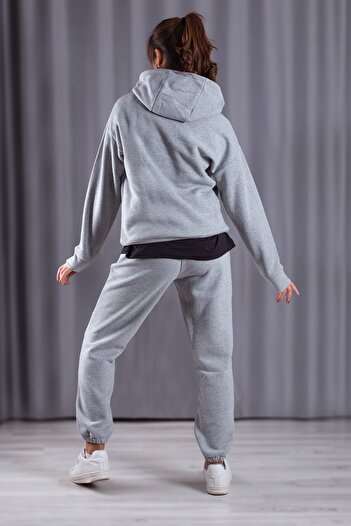 GiyimAdaButik Σετ φόρμας με 3 κλωστές Unisex Grey Oversize Thick Puff - Συνδυασμός Lover