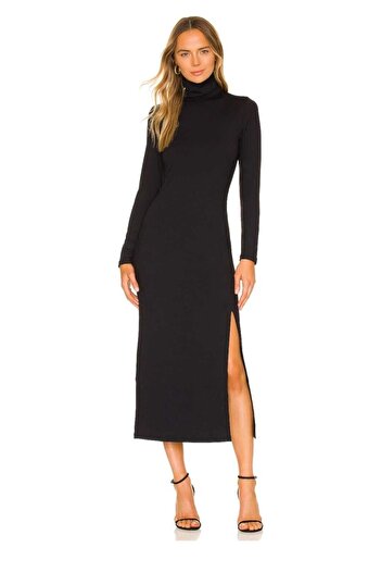 Zagrep Women's Black Slit Turtleneck Silk Jersey Midi Dress