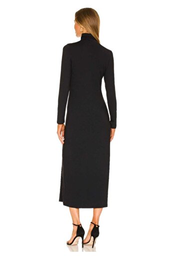 Zagrep Women's Black Slit Turtleneck Silk Jersey Midi Dress