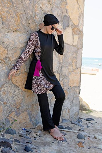 Marina 4-Piece Leopard Patterned Fully Covered Hijab Swimsuit M2104