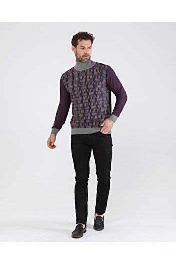 Çizgi Triko Men's Full Turtleneck Cotton Knitwear Gray Sweater Patterned Sleeve and Waist Elastic Regular