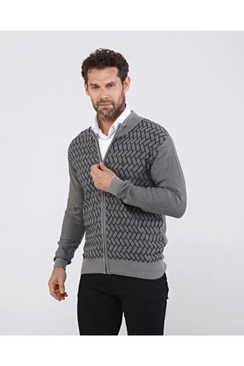Çizgi Triko Men's Knitwear Cotton Gray Jacket Zippered Patterned Sleeve and Waist Elastic Regular Fit