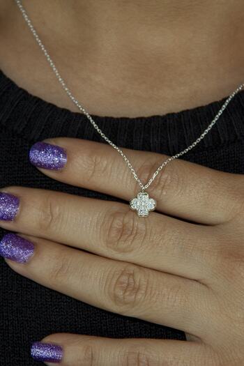 Jewelry For Light , 925 Ayar Gümüş, Pave Taşlı, Minimal, Dört Yapraklı Yonca Kolye