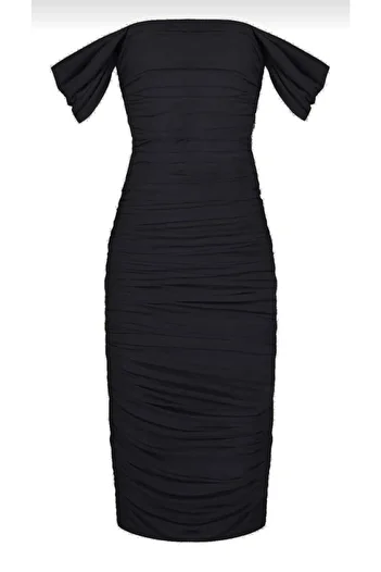 Zagrep Women's Black Draped Gathered Sleeves Lined Zippered Imported Silk Jersey Midi Dress
