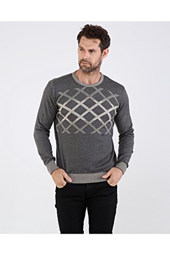 Çizgi Triko Men's Crew Neck Cotton Knitwear Gray Sweater Patterned Regular Fit with Sleeves and Waist Elastics