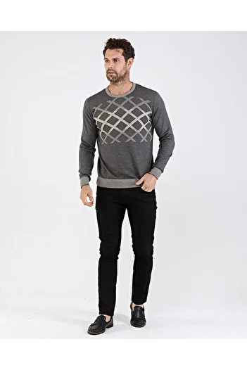 Çizgi Triko Men's Crew Neck Cotton Knitwear Gray Sweater Patterned Regular Fit with Sleeves and Waist Elastics
