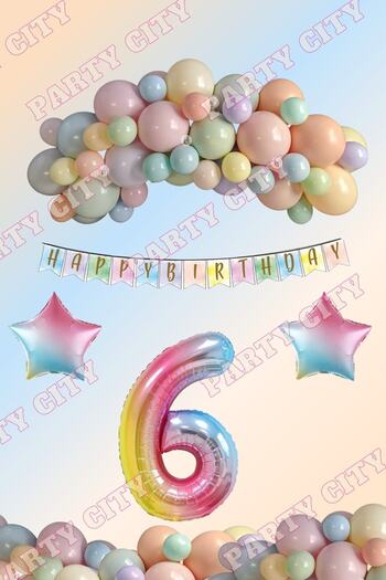 Party City Gökkuşağı Balon Seti 6 Yaş Rakam Folyo Balon Doğum Günü Konsept Parti Kutlama Seti