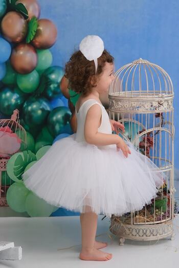 Shecco Babba White Ballerina Model Girl's Tutu Dress, Pom Pom Bandana Set - Children's Evening Dress