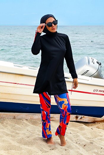Riva Mera Rivamera 4-Piece Black Patterned Fully Covered Hijab Swimsuit R1107