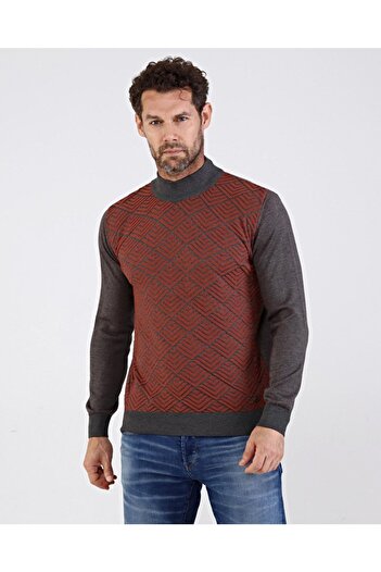 Çizgi Triko Men's Half Fisherman Cotton Knitwear Gray Sweater Patterned Sleeve and Waist Elastic Regular