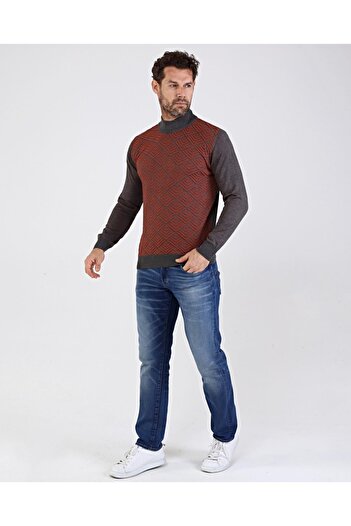 Çizgi Triko Men's Half Fisherman Cotton Knitwear Gray Sweater Patterned Sleeve and Waist Elastic Regular