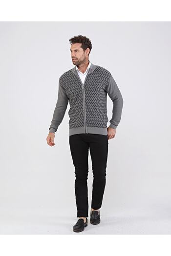 Çizgi Triko Men's Knitwear Cotton Gray Jacket Zippered Patterned Sleeve and Waist Elastic Regular Fit