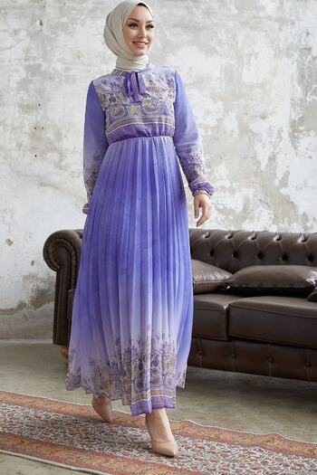 InStyle Lovella Desen Kuşaklı Şifon Elbise - Lila