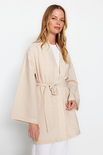Trendyol Modest Stone Belted Woven Seersucker Striped Kimono & Kaftan TCTSS23KK00001