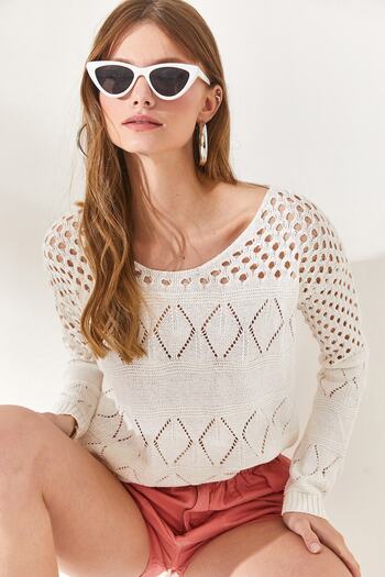 Olalook Women's Ecru Openwork Geometric Patterned Cotton Knitwear Blouse BLZ-19002274