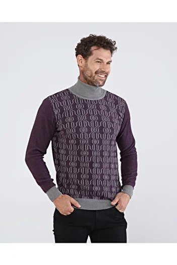 Çizgi Triko Men's Full Turtleneck Cotton Knitwear Gray Sweater Patterned Sleeve and Waist Elastic Regular