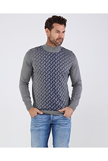 Çizgi Triko Men's Half Turtleneck Cotton Knitwear Gray Sweater Patterned Sleeve and Waist Elastic Regular