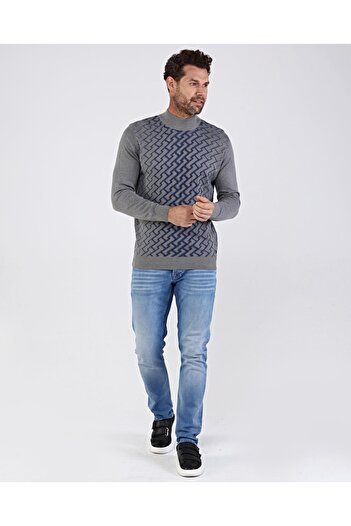 Çizgi Triko Men's Half Turtleneck Cotton Knitwear Gray Sweater Patterned Sleeve and Waist Elastic Regular