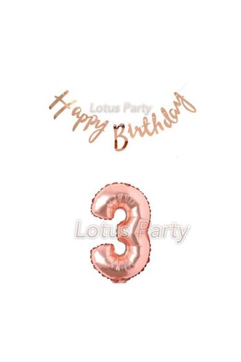 LOTUS PARTY 3 Year Old Rose Gold Birthday Set - Rose Gold Number Foil Balloon Rose Gold Hapyy Birthday Text