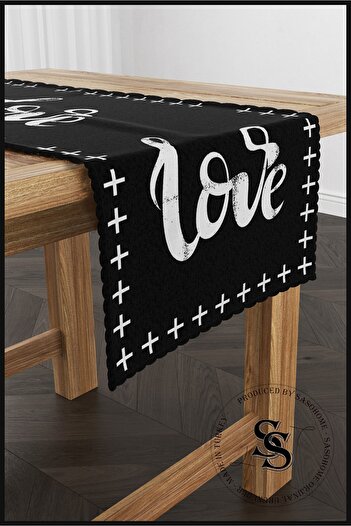 SasoHome Quality Velvet Fabric with Love Pattern on Black Background 45x140 Cm Decorative - Gift Runner